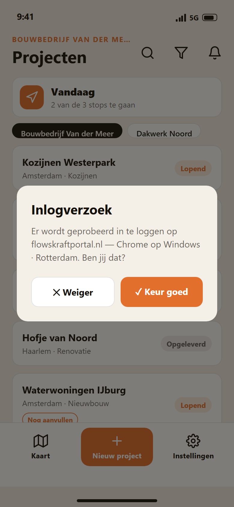 Skraft-app: een inlogverzoek met de knoppen Weiger en Keur goed