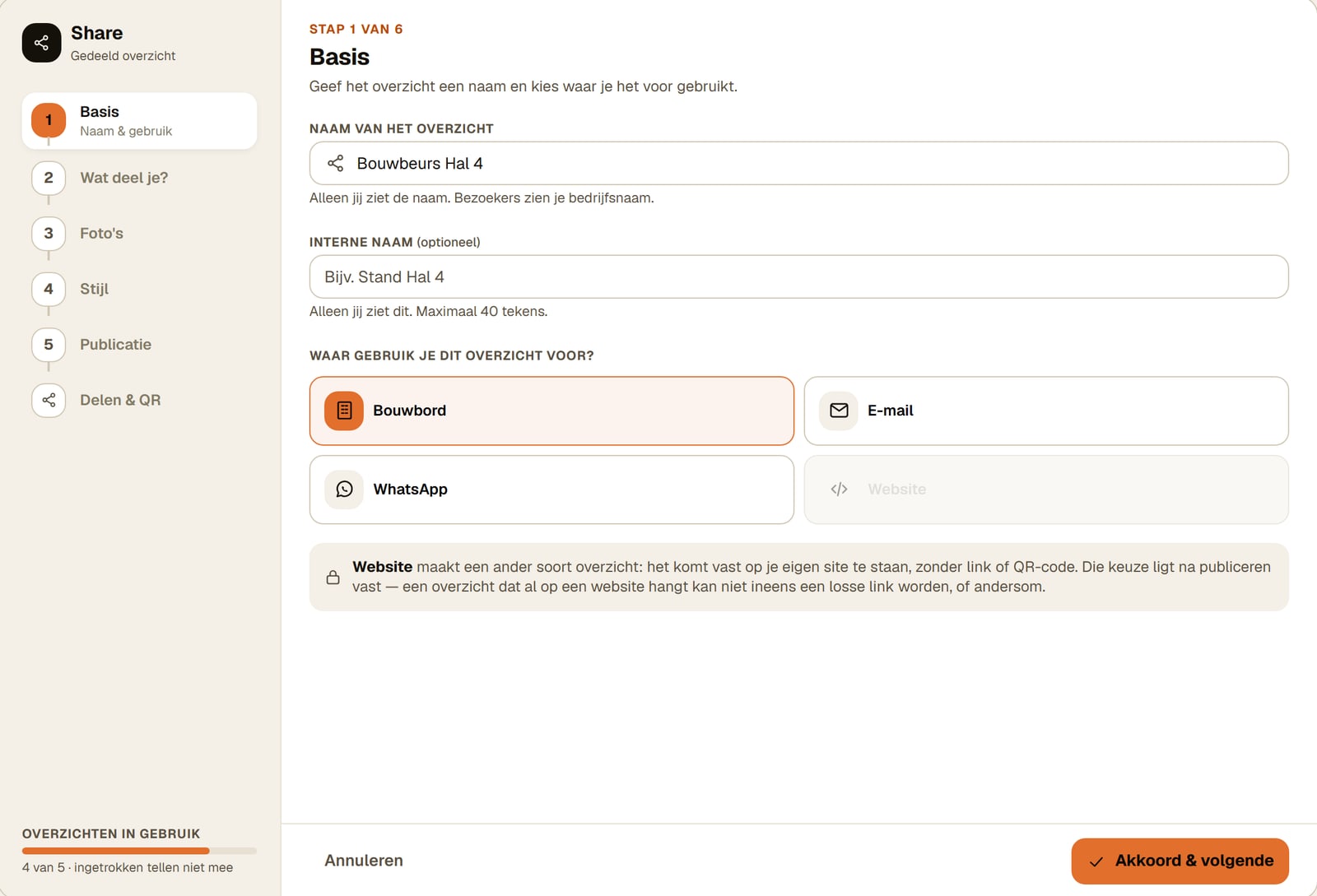 Deelwizard, stap 1: naam en gebruik